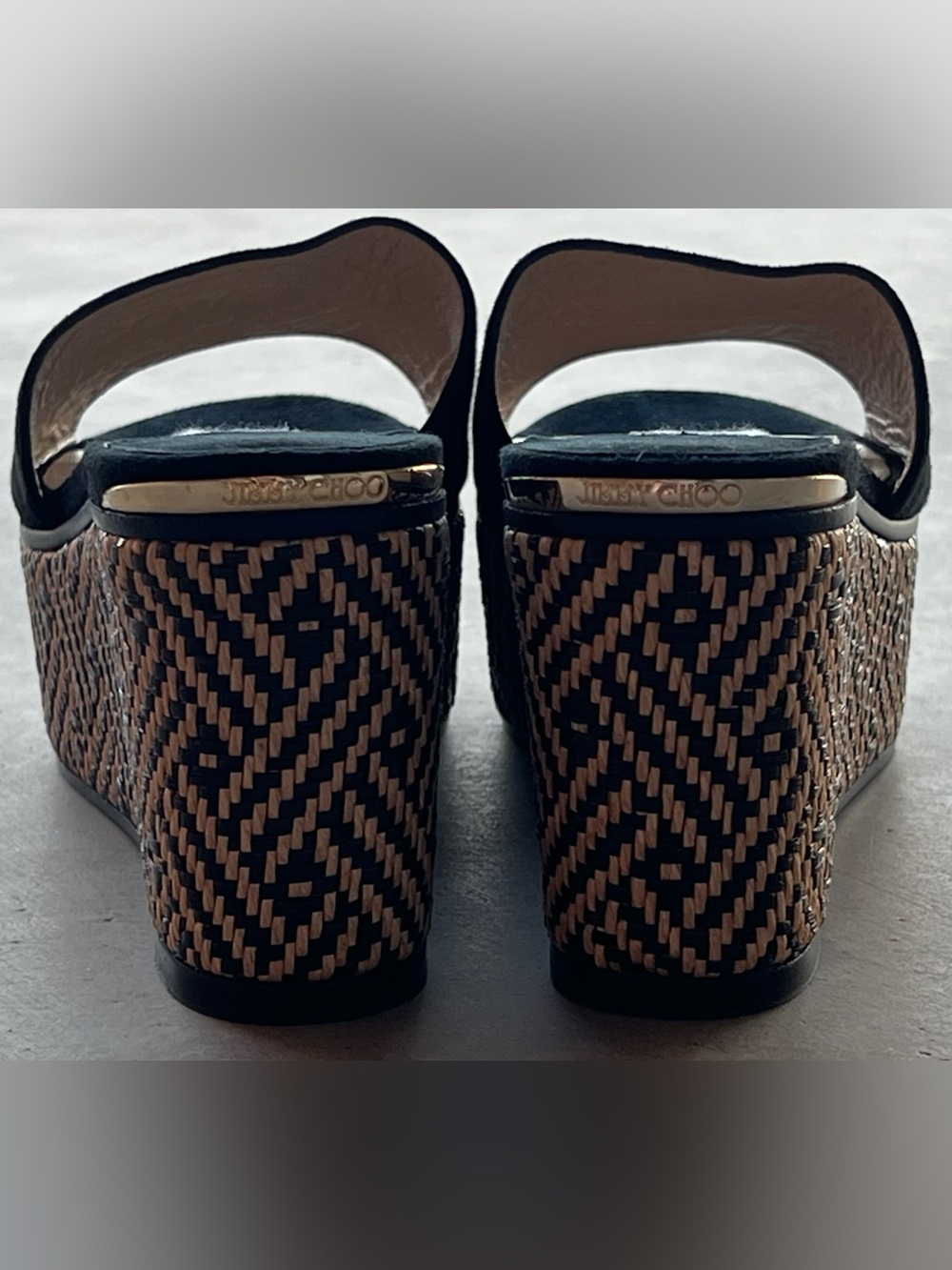 Jimmy Choo Deedee 80 Black Suede Chevron Raffia Platform Wedge Slides EU 38.5 - Picture 8 of 11